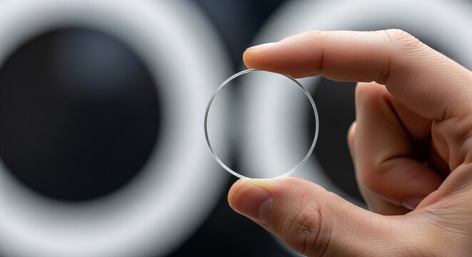 Close-up of a clear glass lens held between a person's thumb and forefinger against a blurred