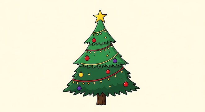 Illustrated Decorated Christmas Tree with Star and Ornaments.