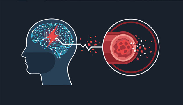Medical diagram depicting a cerebral stroke or brain hemorrhage caused by a ruptured blood vessel inside the head.
