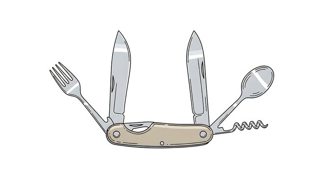 Illustration of a multi tool pocket knife with cutlery attachments.