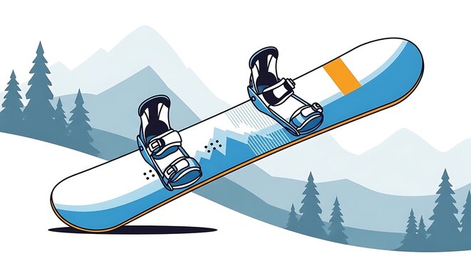 Illustration of a snowboard standing in the snow with mountain background.