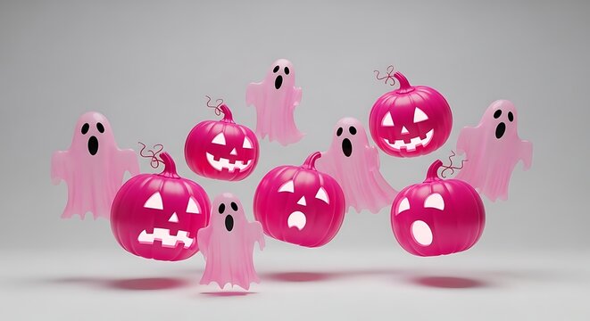 Pumpkin jack o lantern and cute ghost floating in pink color theme, 3d render image for pastel halloween party decoration concept on white background