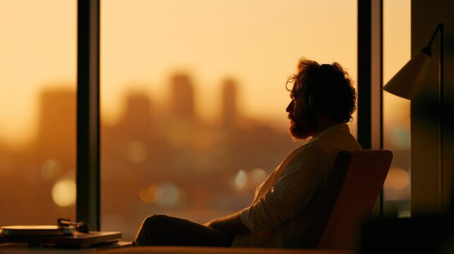 Silhouette of man gazing at sunset, reflecting on life amidst urban backdrop, serene atmosphere