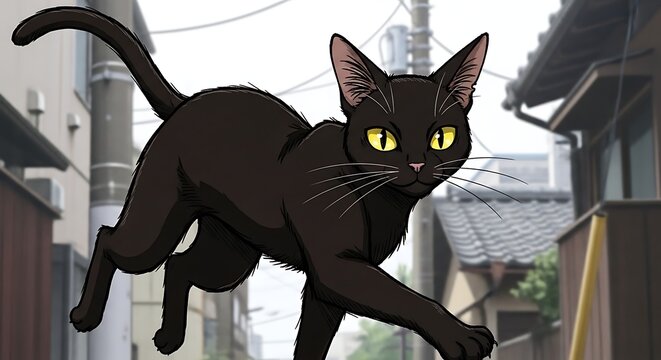 Illustration of a mysterious black cat walking through a Japanese alleyway.