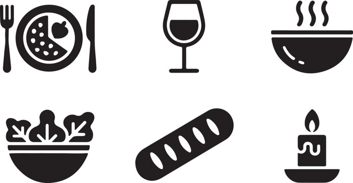 Black and white flat lay icons of wine, food and candle on white background for restaurant menu