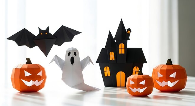 Origami halloween decorations with haunted house, paper pumpkins, ghost and bat, low poly 3d render style craft concept for holiday party