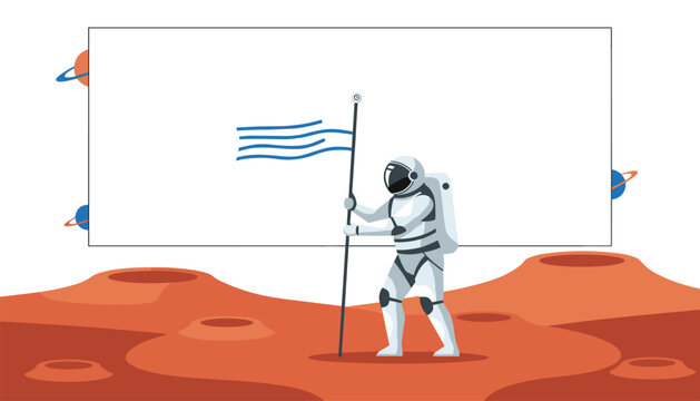 Space exploration astronaut holding a blank banner flag on mars planet surface with space backdrop.