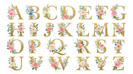 Obraz premium Golden vector glitter alphabet with watercolor flowers