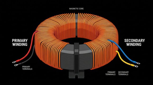 Detailed diagram of a toroidal transformer component showing magnetic core and windings.
