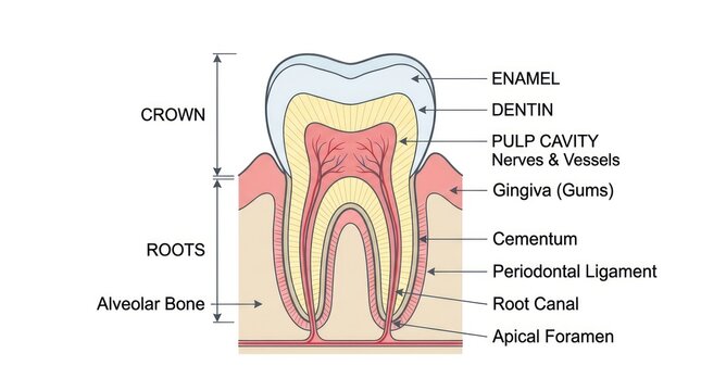 Cross section diagram of human molar anatomy showing internal structures for dental study.