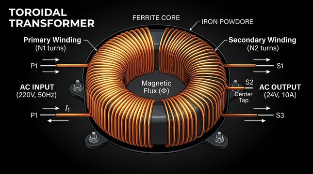 Toroidal transformer diagram displaying magnetic flux and primary secondary coil windings.