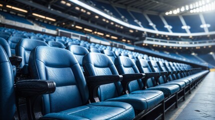 Fototapeta premium A close-up perspective captures perfectly aligned rows of luxurious empty blue stadium seats with elegant black armrests, showcasing the exceptional design and craftsmanship of a modern world sports 