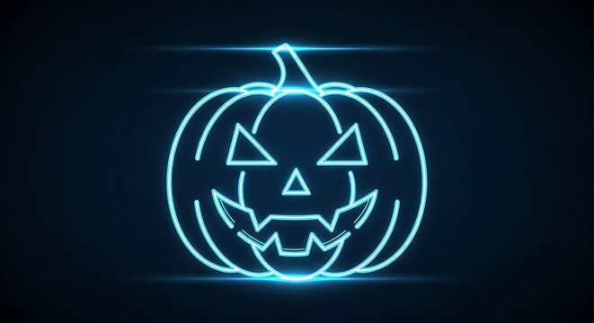 Halloween pumpkin neon icon with scary face glowing on dark background