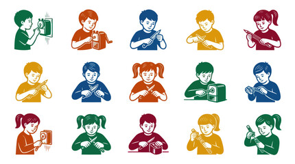 Fototapeta premium Children Sharpening Pencils with Sharpeners, Flat Vector Icons Set
