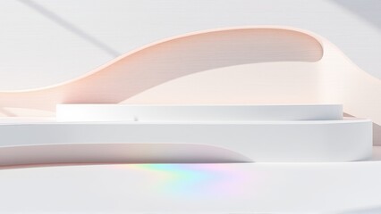 Naklejka premium Abstract composition. Soft curves, white platforms, pastel shades create minimalist scene. Rainbow reflection adds subtle color.