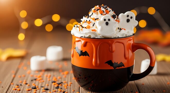 Halloween hot chocolate mug with whipped cream and marshmallow ghosts on wooden table
