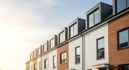 Fototapeta premium Modern townhouse residential architecture with stylish facade and dormer windows under sunset