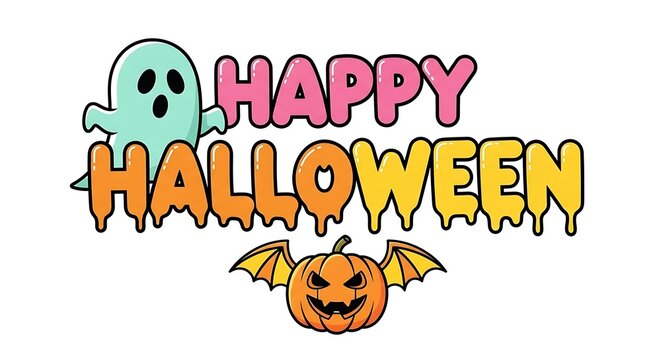 Happy Halloween text vector typography with cute ghost and bat pumpkin on white background