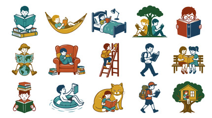 Fototapeta premium Collection of Cartoon Vector Illustrations: Diverse People Reading Books for Education Literacy Concepts