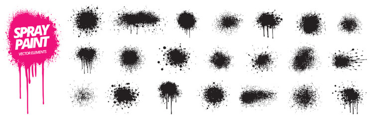 Collection of various black spray paint splatters, ink blots, and drips isolated on a white background. Vector illustration for urban design elements. © Zbrake Studio