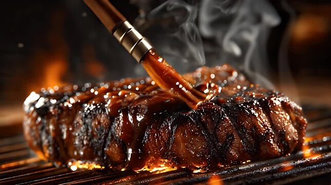 Grilled beef steak basted with savory sauce on open flames in cinematic macro close-up for culinary marketing