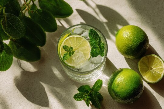 A refreshing lime mojito cocktail with mint and ice sits on a sunny table. Perfect for summer bar menus and.