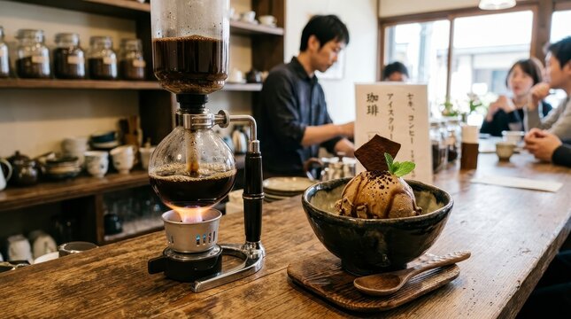 Barista preparing coffee using a siphon brewer in a cozy cafe with customers enjoying desserts.