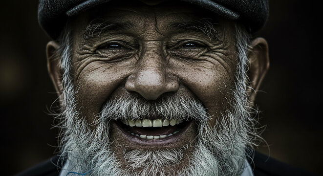 Joyful elderly man with white beard and cap laughing heartily.