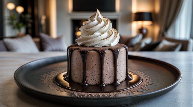A rich and indulgent chocolate mousse dessert is elegantly presented on a sophisticated matte black plate, creating a luxurious centerpiece that immediately captures attention