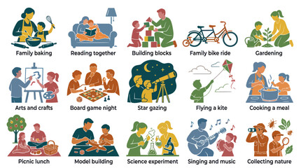 Fototapeta premium Family Activities Set - Flat Style Vector Icons for Childhood, Education, and Leisure