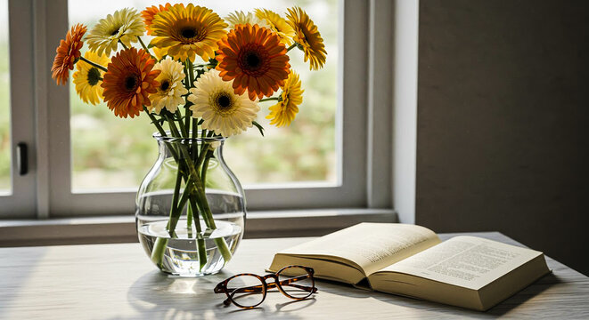 Serene table setting with gerbera daisies, an open book, and reading glasses by a sunlit window.