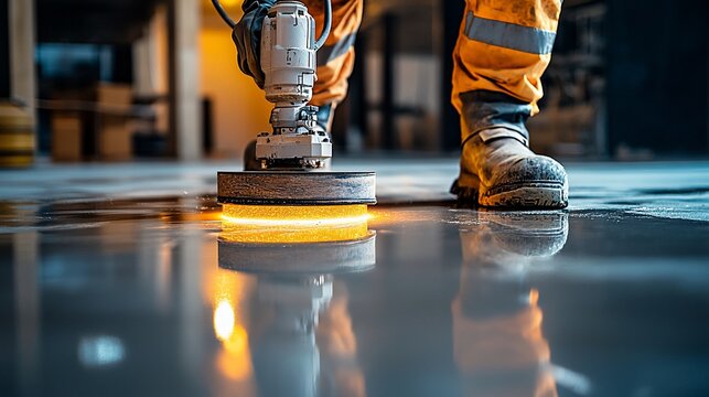 Worker polishes a concrete floor, showcasing a reflective surface and the machine's operation