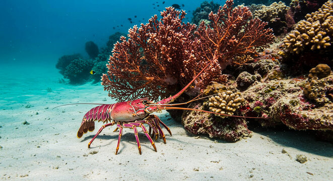 Vibrant Spiny Lobster on Sandy Seabed next to Colorful Branching Coral in Clear Tropical Ocean.
