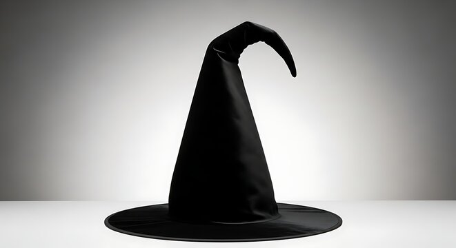 Witch hat for halloween holiday party celebration, black pointed sorcerer hat on white surface against grey studio backdrop