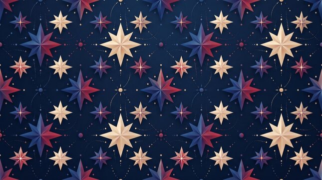 Repeating abstract star pattern with geometric shapes in a patriotic color palette