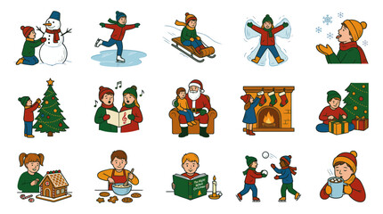 Fototapeta premium Christmas Illustrations: Kids Enjoying Winter Activities, Decorating Tree, Singing Carols, with Santa