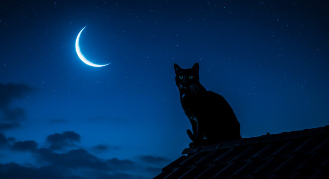 Mysterious Black Cat on Tiled Rooftop Under Crescent Moon at Night.