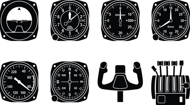 Aircraft cockpit instrument icons set featuring airplane flight gauges, altimeter, speedometer, compass, steering yoke, and throttle controlsWeb