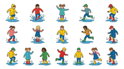 Fototapeta premium Happy Kids Splashing in Puddles Wearing Rain Boots - Cute Cartoon Vector Illustration of Childhood Play