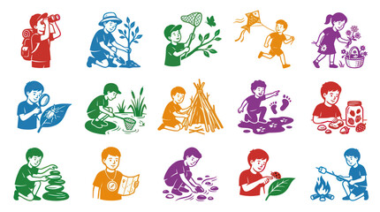 Obraz premium Flat Vector Glyph Icons: Children's Outdoor Nature Exploration, Camping, and Learning Activities Set