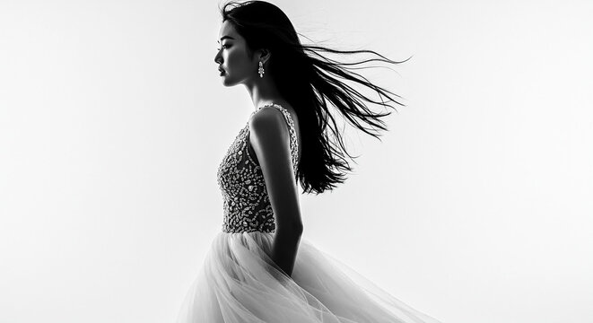 Elegant young Asian woman in formal gown with flowing hair, captured in black and white profile.