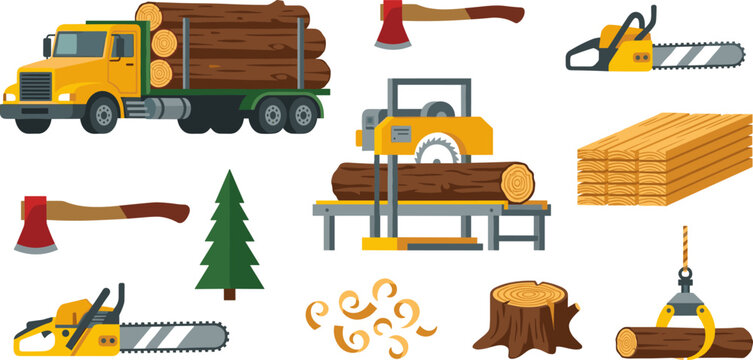 Lumberjack and forestry industry vector illustration set with logging truck sawmill chainsaw axe tree trunk and wood planks isolated on white background
