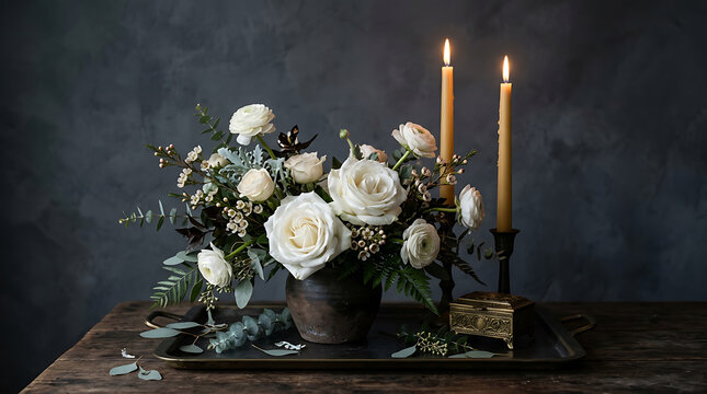Elegant floral arrangement with white roses and candles on a dark wooden table for sophisticated decor