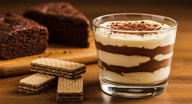 Chocolate tiramisu dessert in glass bowl with cake slices