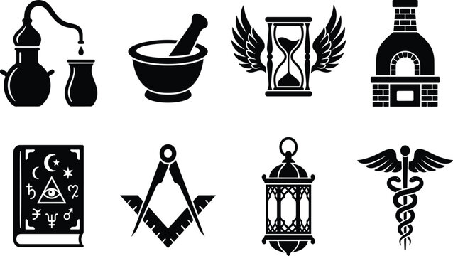 Collection of black alchemy and masonic icons featuring hourglass with wings caduceus mortar spellbook and traditional lanternPrint