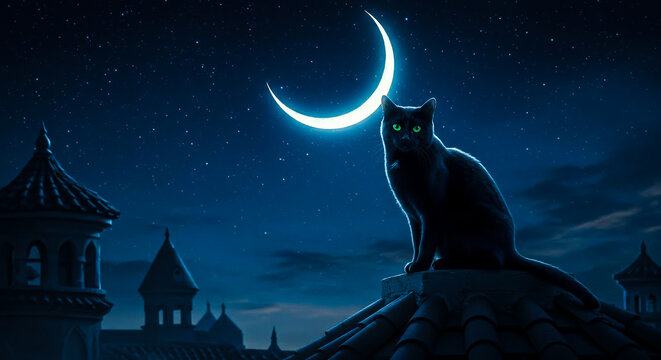 Mystical black cat with green eyes watching over a city under a crescent moon at night.