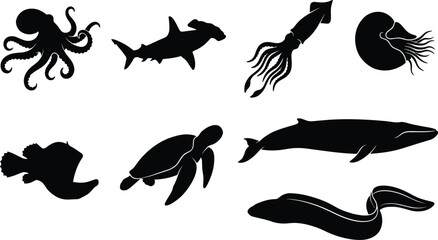 Collection of sea creatures black silhouettes vector icons featuring an octopus hammerhead shark squid nautilus sea turtle whale and moray eel isolated on a white backgroundPrint © Ershad