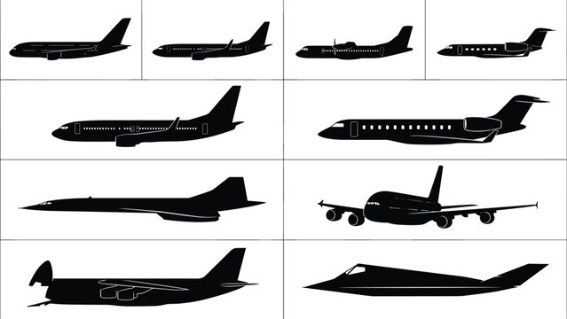 Commercial and military airplane silhouettes set featuring passenger airliners, cargo planes, supersonic jets, and private business aircraftWeb