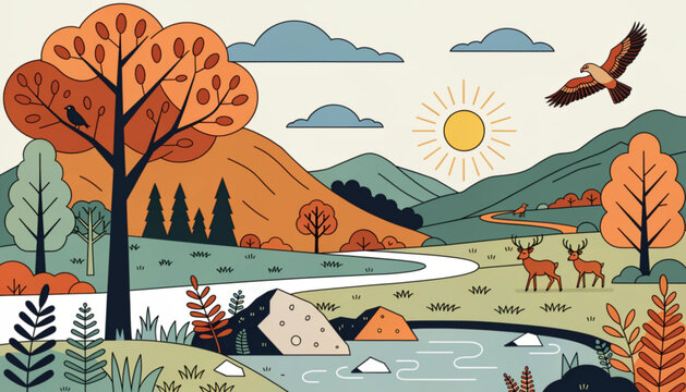 Autumn landscape, nature scenery, wildlife illustration, vector graphics