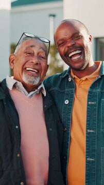 Face, man and laugh with senior dad in front yard for retirement home visit, bonding and support. Care, son and elderly father at house for funny connection, healthy relationship and family reunion